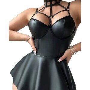 Faux Leather Black Goth Camisole*Mesh Back Adj Straps*Garters*Thong*Sissy*New*XL